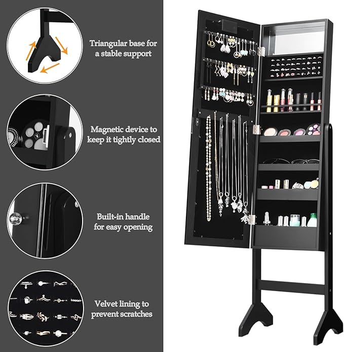 Armoire à Bijoux sur Pieds Noir avec Lumières LED