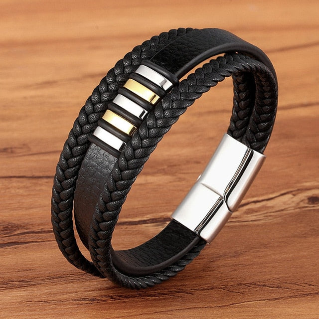 Bracelet Cuir Plat et Tressé pour Homme Argenté