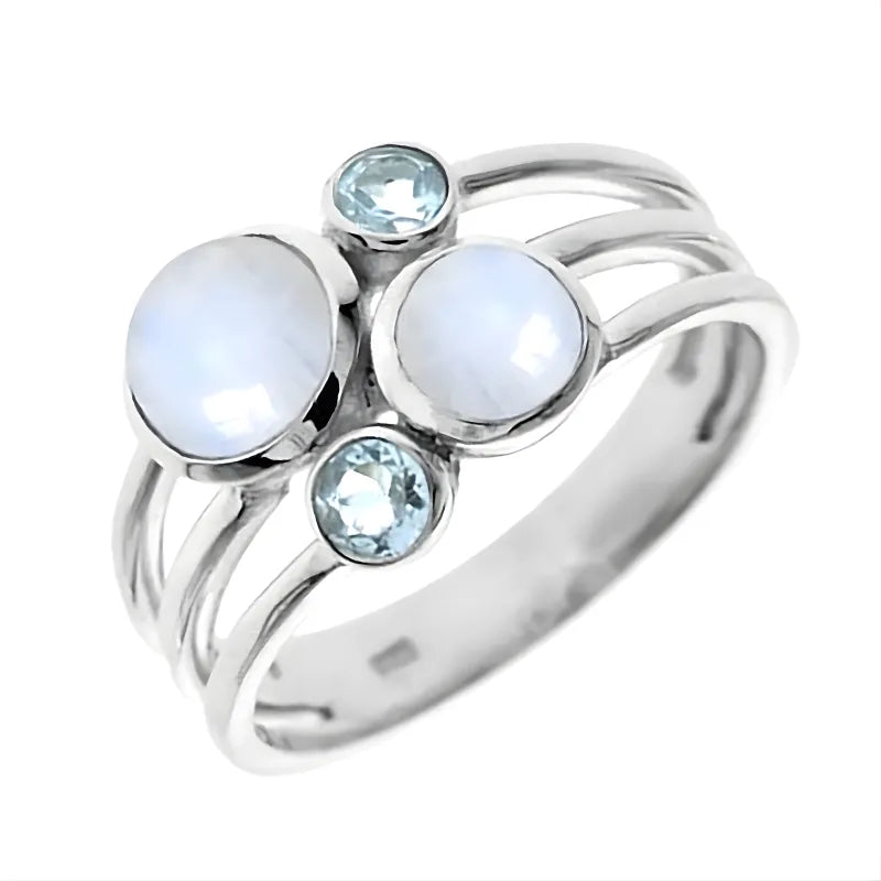 Bague Bulle Argent Pierre de Lune et Topaze Bleue