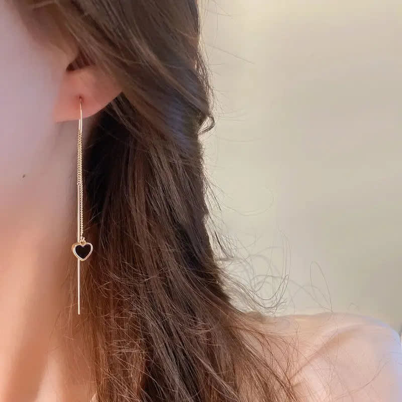 Boucle d'Oreille Chaine Fine Pendantif Cœur Noir