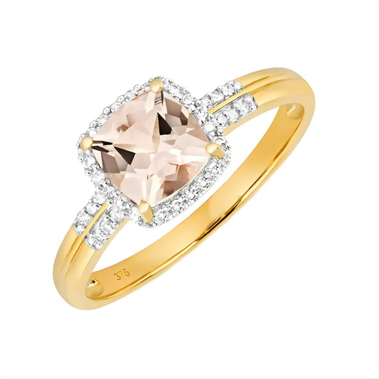 Bague halo de morganite et de zircons taille coussin