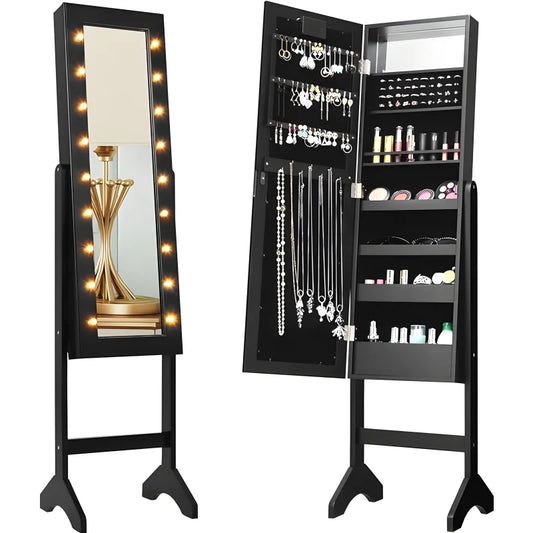 Armoire à Bijoux sur Pieds Noir avec Lumières LED