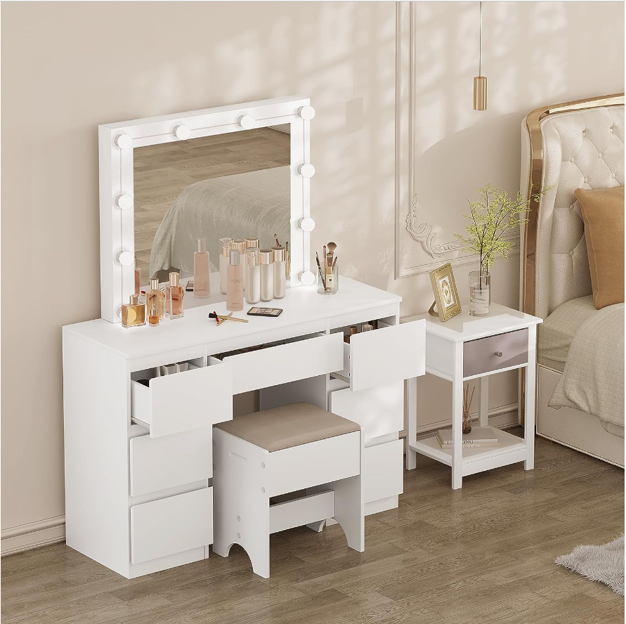 Coiffeuse Blanche avec Miroir LED - 7 Tiroirs