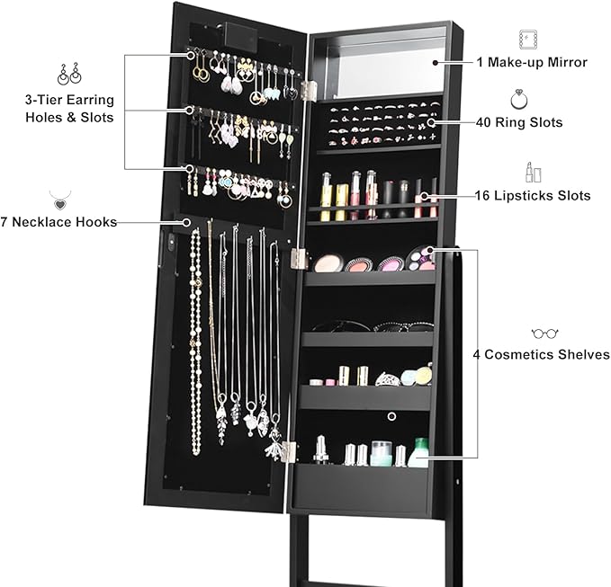 Armoire à Bijoux sur Pieds Noir avec Lumières LED