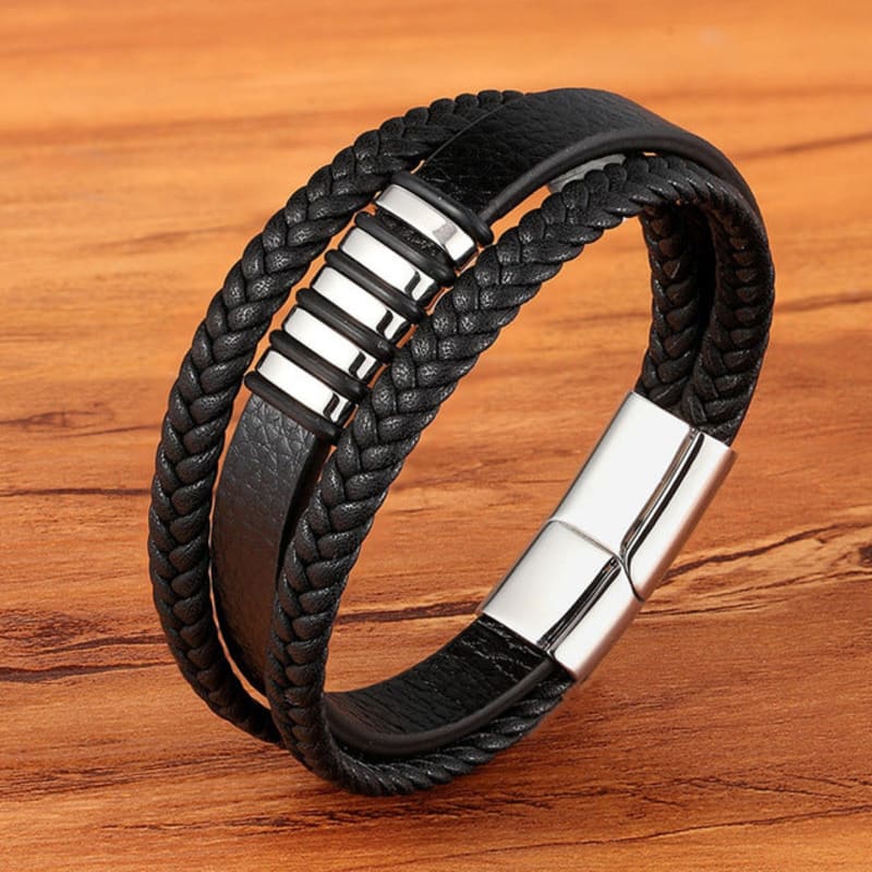 Bracelet Cuir Plat et Tressé pour Homme Argenté