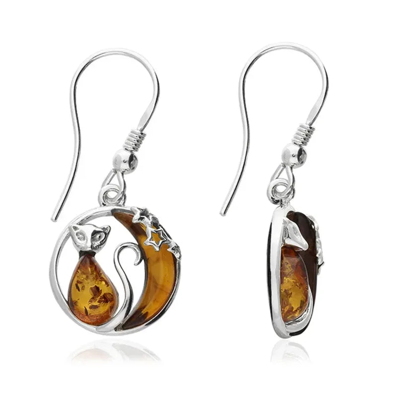 Laure - Boucles d'oreilles lune chat ambre