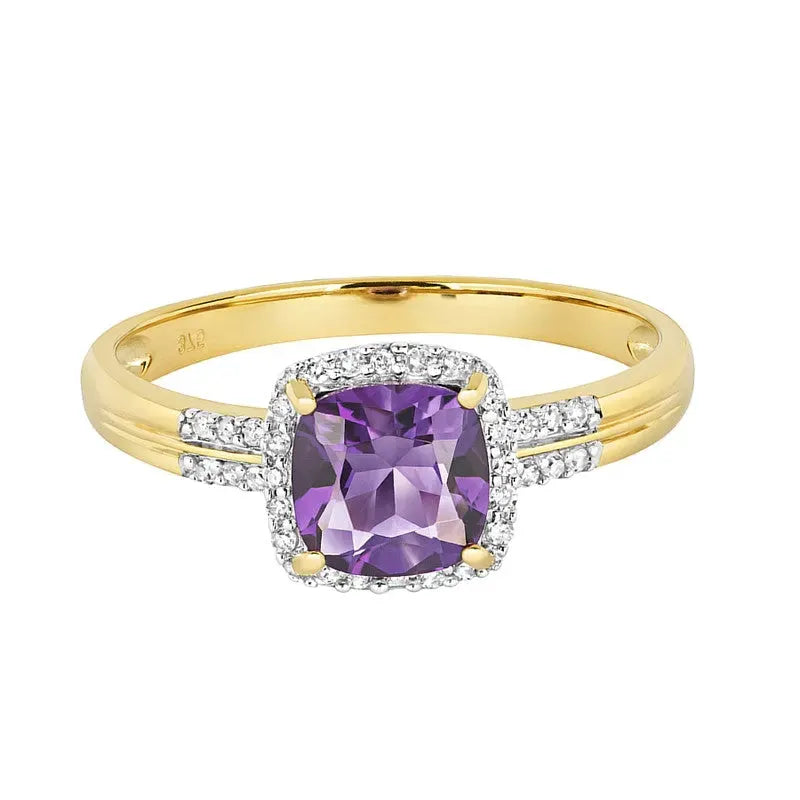 Bague halo d'améthyste et de zircons taille coussin