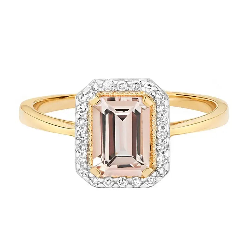 Bague morganite et zircon taille émeraude