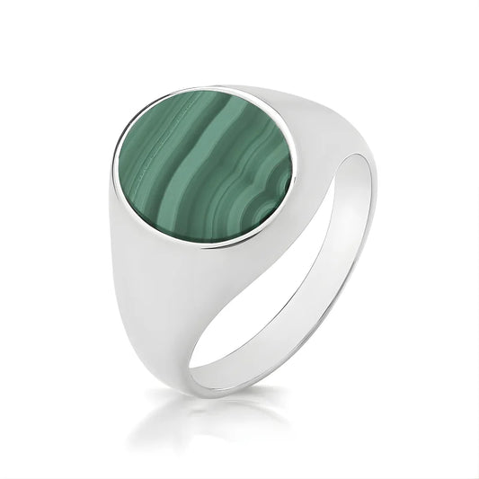 Chevalière Ovale Argentée et Malachite Verte pour Hommes