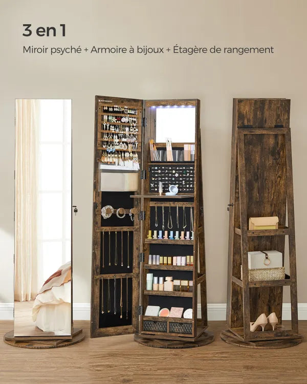 Armoire à Bijoux Rotative 360° Marron Rustique