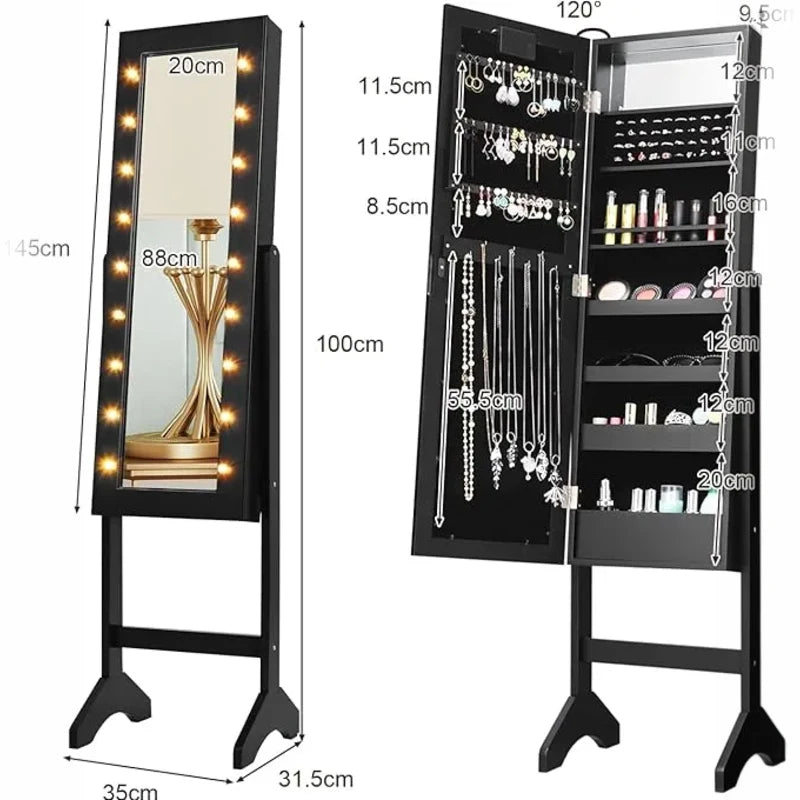 Armoire à Bijoux sur Pieds Noir avec Lumières LED