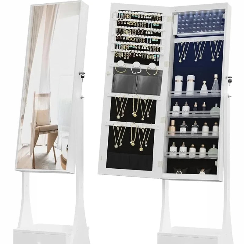 Armoire à Bijoux 8 LED - 1 Tiroir - Étagères - Blanc