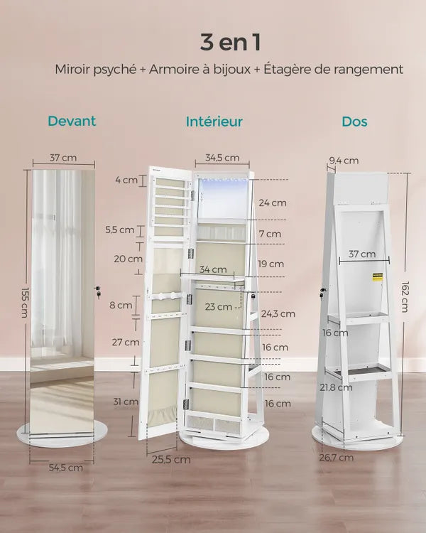 Armoire à Bijoux Rotative 360° - Avec 6 LED & Verrouillage