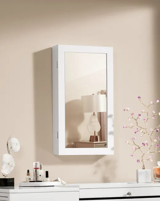 Armoire à Bijoux Murale, - Verrouillable avec Miroir - Blanc